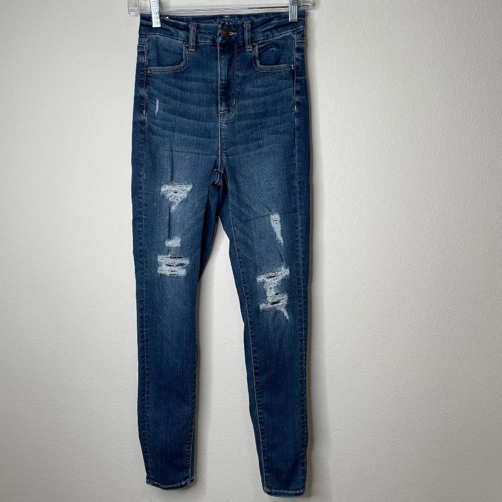 American Eagle Curvy Super High Rise Jegging Destroyed Distressed Medium Wash